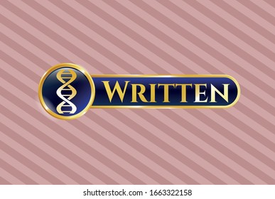  Gold badge with dna icon and Written text inside