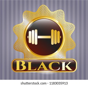  Gold badge with dumbbell icon and Black text inside