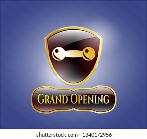  Gold badge with dumbbell icon and Grand Opening text inside