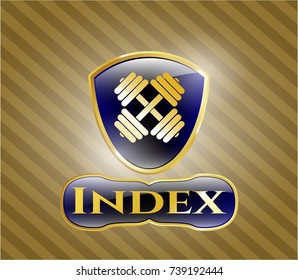  Gold badge with dumbbell icon and Index text inside