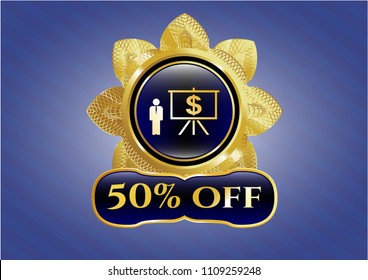  Gold badge  or e Gold badge with business presentation icon and 50% Off text insidemblem with business presentation icon and 50% Off text inside