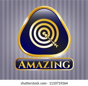   Gold badge or e Gold badge or emblem with target, business icon and Amazing text insidemblem with target, business icon and Amazing text inside