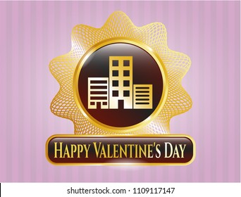  Gold badge or e Golden emblem with buildings icon and Happy Valentine's Day text insidemblem with buildings icon and Happy Valentine's Day text inside