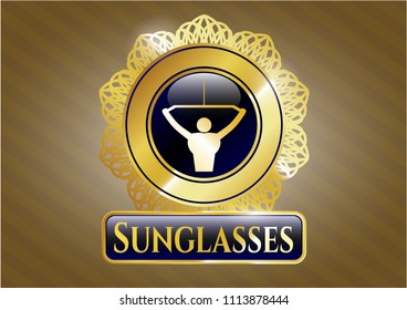  Gold badge or e  Golden emblem or badge with lat pull down, exercise icon and Sunglasses text insideGold shiny badge with lat pull down, exercise icon and Sunglasses text insidemblem with lat pull do