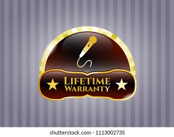   Gold badge or e Gold shiny badge with microphone icon and Life Time Warranty text insidemblem with microphone icon and Life Time Warranty text inside