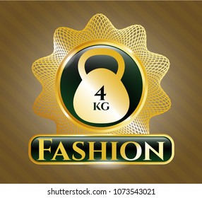   Gold badge or emblem with 4kg kettlebell icon and Fashion text inside