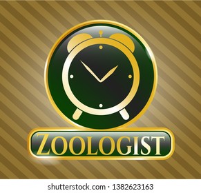  Gold badge or emblem with alarm clock icon and Zoologist text inside