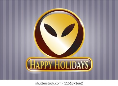  Gold badge or emblem with alien icon and Happy Holidays text inside