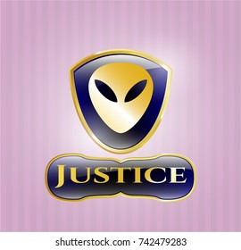  Gold badge or emblem with alien icon and Justice text inside