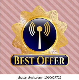     Gold badge or emblem with antenna signal icon and Best Offer text inside