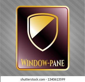  Gold badge or emblem with armor icon and Window-pane text inside