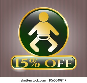  Gold badge or emblem with baby icon and 15% off text inside