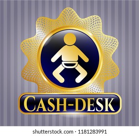  Gold badge or emblem with baby icon and Cash-desk text inside