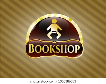  Gold badge or emblem with baby icon and Bookshop text inside