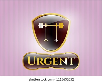  Gold badge or emblem with barbell on rack icon and Urgent text inside