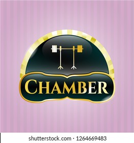  Gold badge or emblem with barbell on rack icon and Chamber text inside