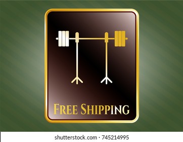  Gold badge or emblem with barbell on rack icon and Free Shipping text inside