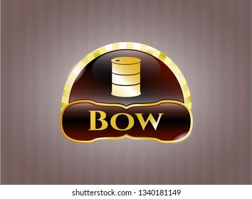  Gold badge or emblem with barrel icon and Bow text inside