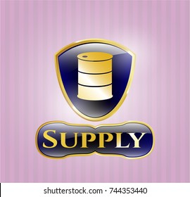  Gold badge or emblem with barrel icon and Supply text inside