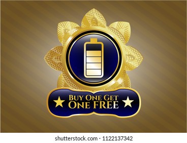  Gold badge or emblem with battery icon and Buy one get One Free text inside