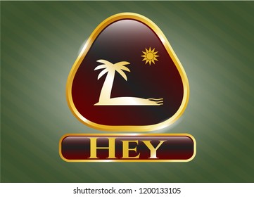  Gold badge or emblem with beach icon and Hey text inside
