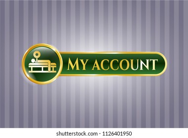  Gold badge or emblem with bench press icon and My account text inside