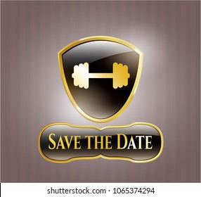  Gold badge or emblem with big dumbbell icon and Save the Date text inside