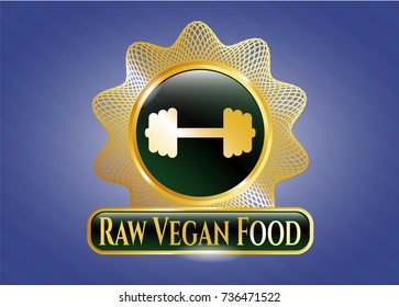  Gold badge or emblem with big dumbbell icon and Raw Vegan Food text inside