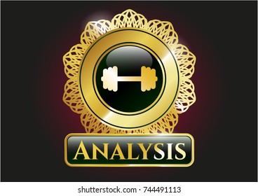  Gold badge or emblem with big dumbbell icon and Analysis text inside