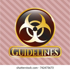  Gold badge or emblem with biohazard icon and Guidelines text inside