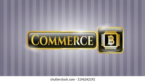  Gold badge or emblem with bitcoin chip (cryptocurrency mining concept) icon and Commerce text inside