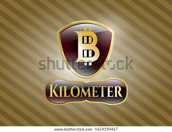  Gold badge or emblem with bitcoin icon and\
Kilometer text inside