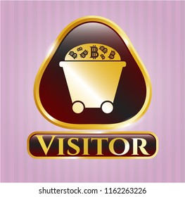  Gold badge or emblem with Bitcoin mining trolley icon and Visitor text inside