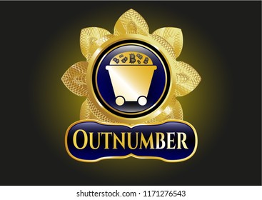  Gold badge or emblem with Bitcoin mining trolley icon and Outnumber text inside