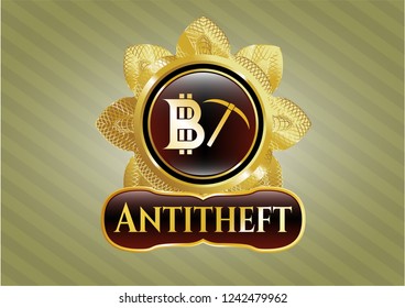  Gold badge or emblem with bitcoin mining icon and Antitheft text inside