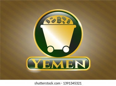 Gold badge or emblem with Bitcoin mining trolley icon and Yemen text inside
