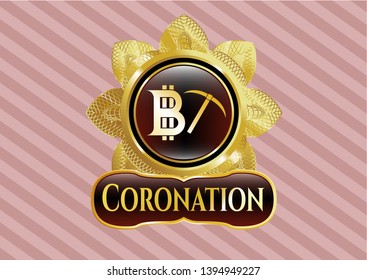  Gold badge or emblem with bitcoin mining icon and Coronation text inside
