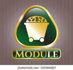 Goldenes Schild oder Emblem mit dem Bitcoin-Bergbautrollsymbol und Modultext im Inneren