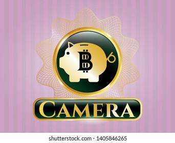  Gold badge or emblem with bitcoin piggy bank icon and Camera text inside