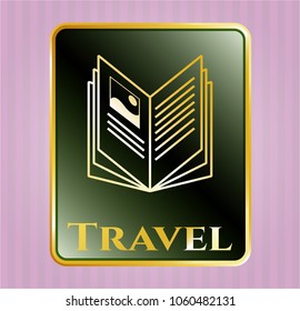  Gold badge or emblem with book icon and Travel text inside