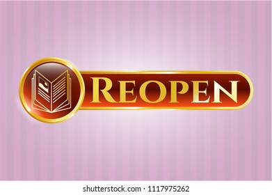  Gold badge or emblem with book icon and Reopen text inside