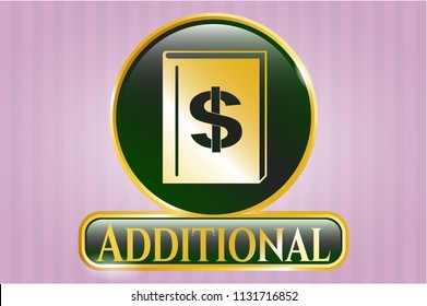  Gold badge or emblem with book with money symbol inside icon and Additional text inside