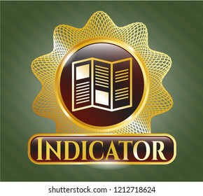  Gold badge or emblem with brochure icon and Indicator text inside