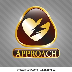  Gold badge or emblem with broken heart icon and Approach text inside