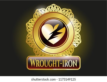  Gold badge or emblem with broken heart icon and Wrought-iron text inside