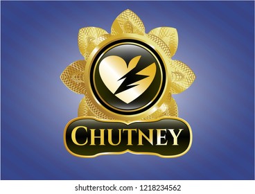  Gold badge or emblem with broken heart icon and Chutney text inside