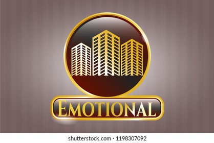  Gold badge or emblem with buildings icon and Emotional text inside