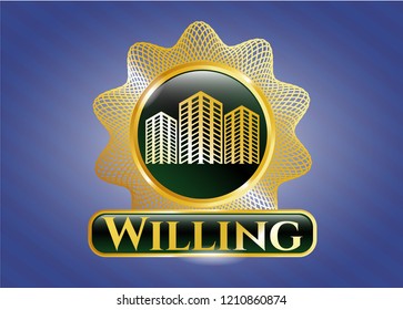  Gold badge or emblem with buildings icon and Willing text inside