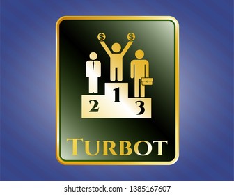  Gold badge or emblem with business competition, podium icon and Turbot text inside