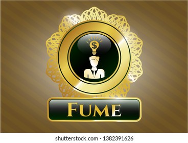  Gold badge or emblem with business idea icon and Fume text inside